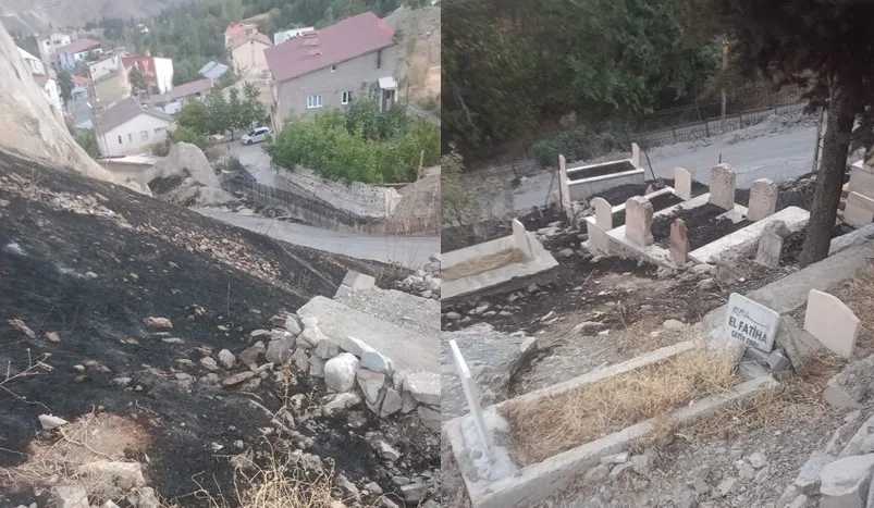 Hakkari’de son günlerde sıkça meydana gelen anız yangınları mezarlıklarda da