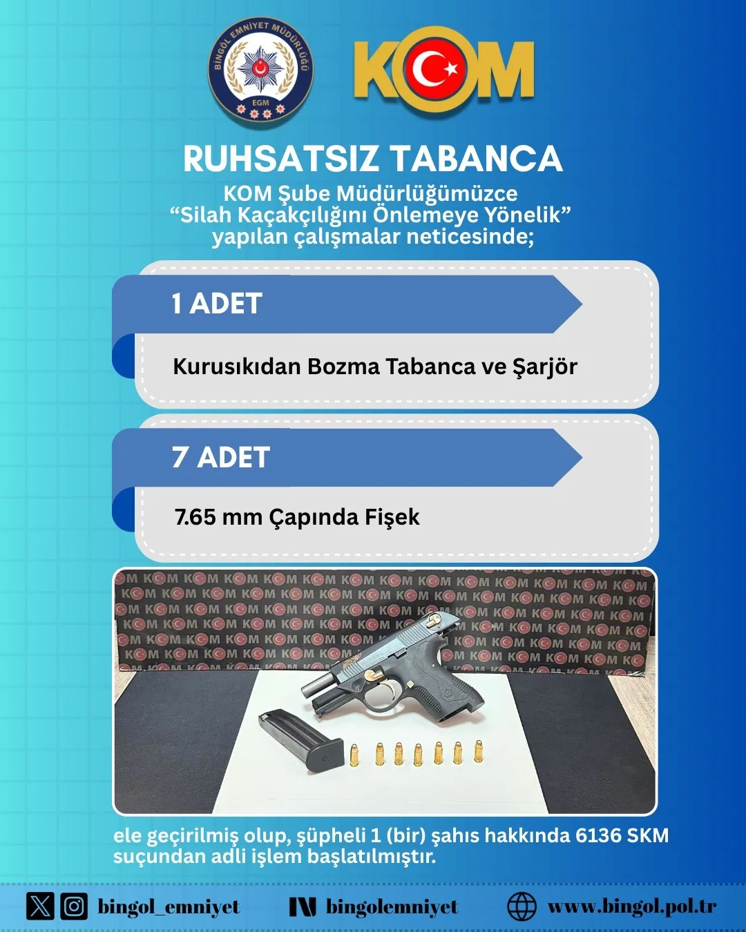 Bingöl’de polis ekipleri tarafından yapılan çalışmada ruhsatsız silah ve tüfekler