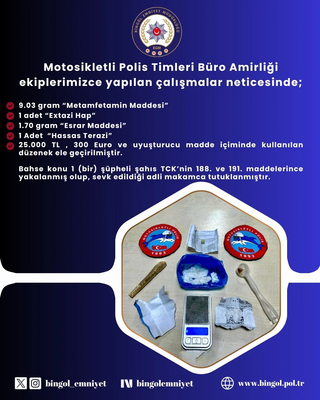 Bingöl’de polis ekipleri tarafından yapılan uyuşturucu operasyonunda 1 şüpheli tutuklandı.
