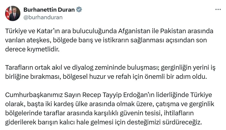 Cumhurbaşkanlığı İletişim Başkanı Burhanettin Duran, Türkiye ve Katar’ın arabuluculuğunda Afganistan