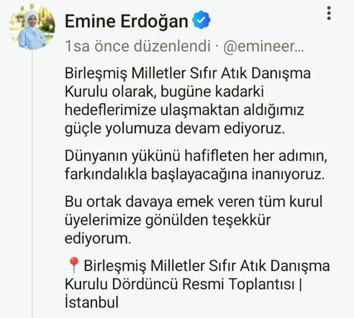 Emine Erdoğan, Uluslararası Sıfır Atık Forumu kapsamında düzenlenen Birleşmiş Milletler