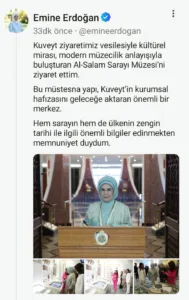 Cumhurbaşkanı Recep Tayyip Erdoğan’ın eşi Emine Erdoğan, Kuveyt’te ziyaret ettiği