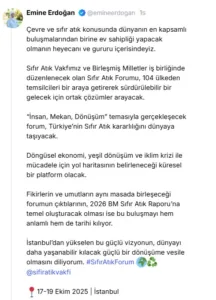 Cumhurbaşkanı Recep Tayyip Erdoğan’ın eşi Emine Erdoğan, 17-19 Ekim’de İstanbul’da