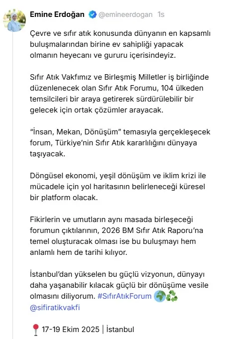 Cumhurbaşkanı Recep Tayyip Erdoğan’ın eşi Emine Erdoğan, 17-19 Ekim’de İstanbul’da