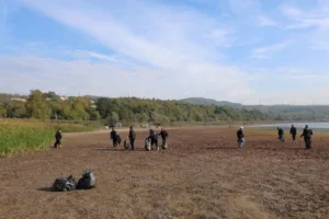 Kartepe’de bulunan Eşme Sahili’nde Sapanca Gölü’nün su seviyesinin düşmesiyle ortaya