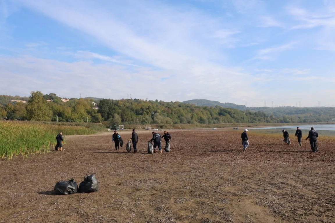 Kartepe’de bulunan Eşme Sahili’nde Sapanca Gölü’nün su seviyesinin düşmesiyle ortaya