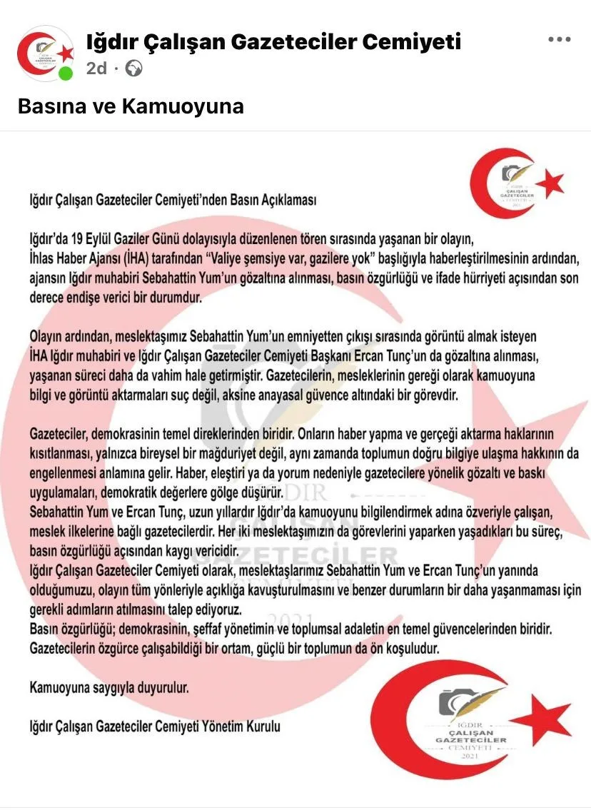 Iğdır Çalışan Gazeteciler Cemiyeti, 19 Eylül Gaziler Günü dolayısıyla düzenlenen
