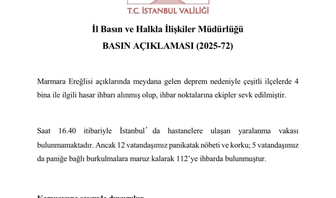 Marmara’da saat 14.55’te 5 büyüklüğünde deprem sonrası İstanbul Valiliği’nden yapılan