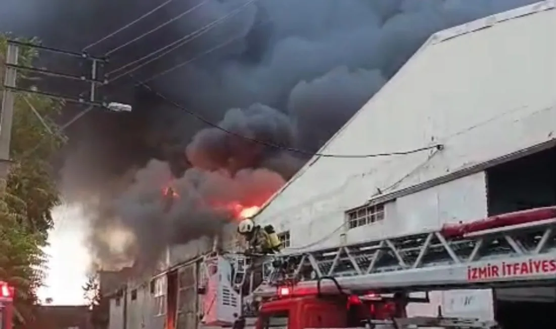 İzmir’in Bornova ilçesinde bir fabrikanın deposunda çıkan yangına itfaiye ekiplerinin