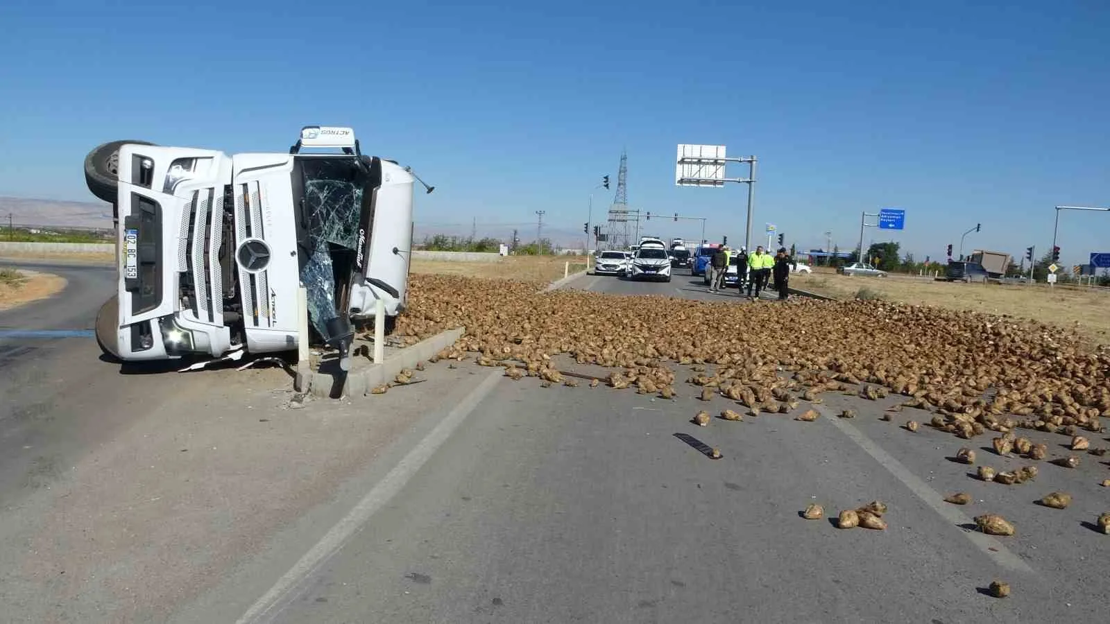 Malatya’da sürücünün kontrolünden çıkan pancar yüklü tır devrildi. Tonlarca pancarın
