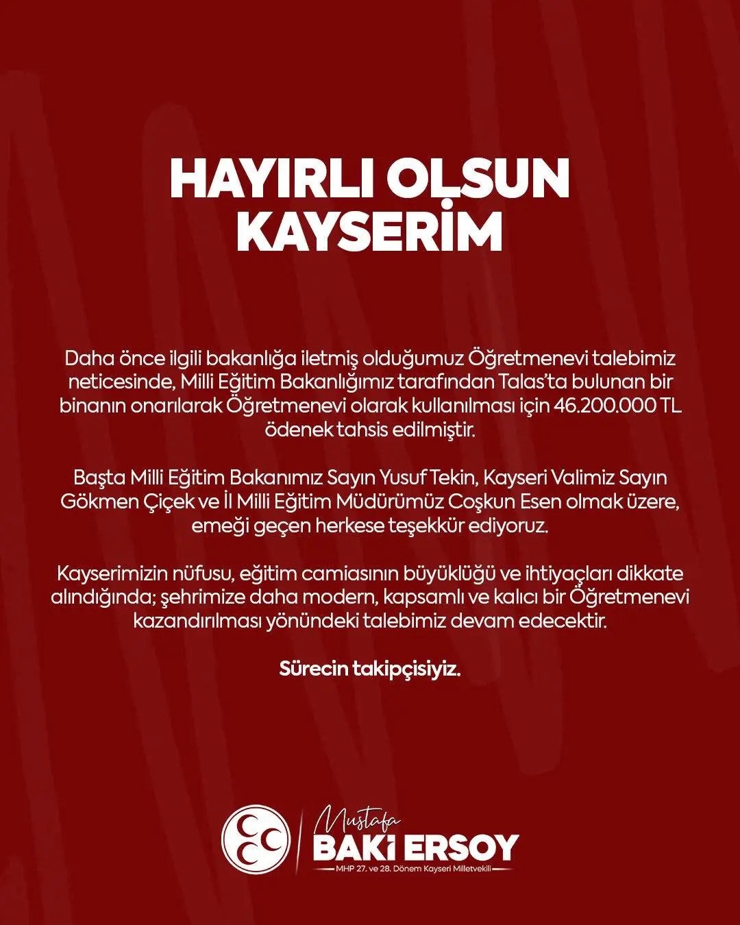 Milliyetçi Hareket Partisi (MHP) Kayseri Milletvekili Baki Ersoy, sosyal medya