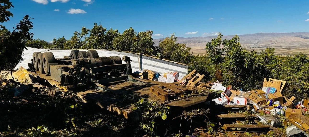 Muş-Kulp karayolu karayolunda freni boşalan tırın kontrolden çıkarak yol kenarına