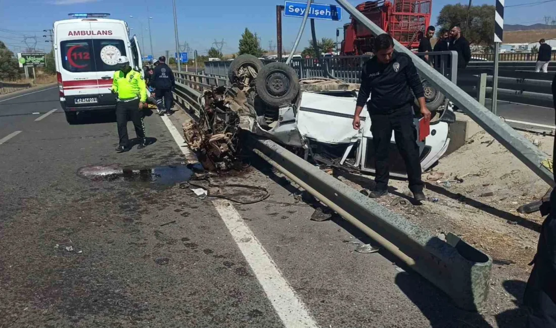 Konya’nın Seydişehir ilçesinde otomobilin takla atarak aydınlatma direği ve refüjdeki