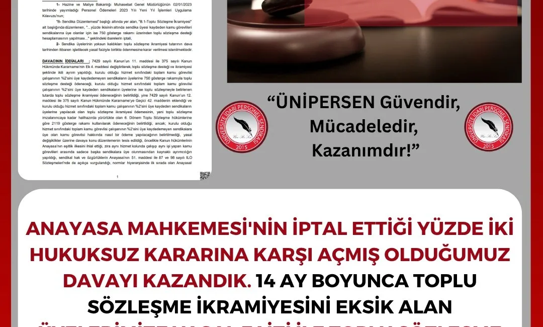 Üniversite İdari Personel Sendikası (ÜNİPERSEN), Anayasa Mahkemesi’nin iptal ettiği yüzde