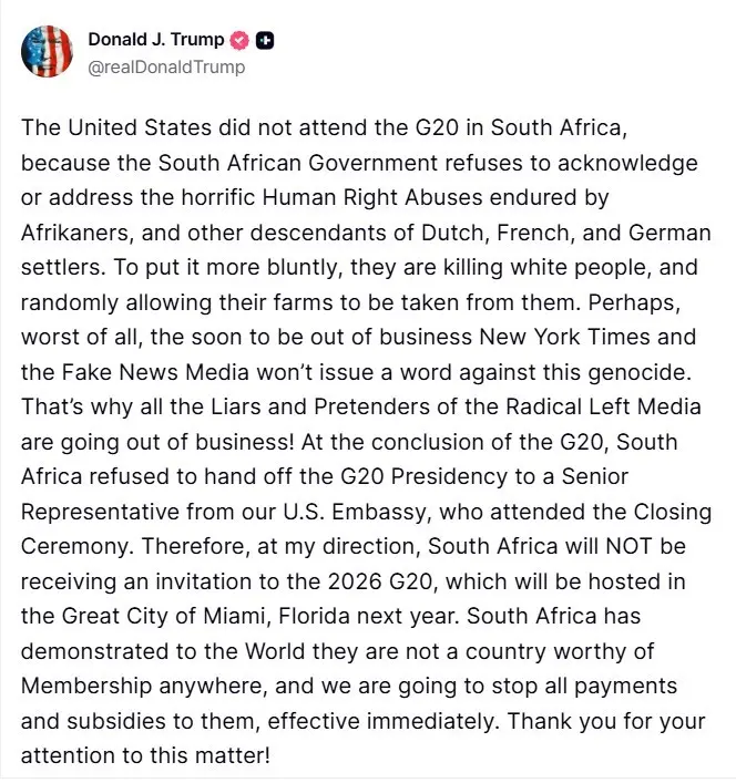 ABD Başkanı Donald Trump, Güney Afrika’nın G20 Zirvesi’nin sonunda yapılan