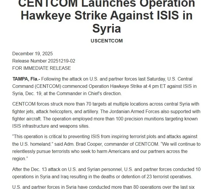 ABD Merkez Kuvvetler Komutanlığı’ndan yapılan açıklamada, Suriye’deki DEAŞ unsurlarına yönelik