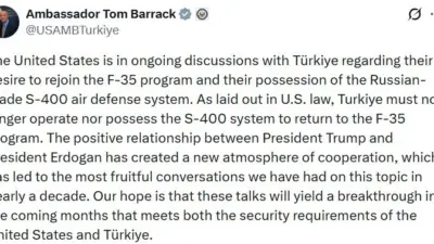 ABD’nin Ankara Büyükelçisi Tom Barrack, “ABD yasalarına göre, Türkiye’nin F-35