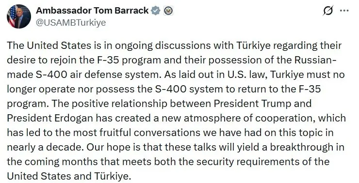 ABD’nin Ankara Büyükelçisi Tom Barrack, “ABD yasalarına göre, Türkiye’nin F-35