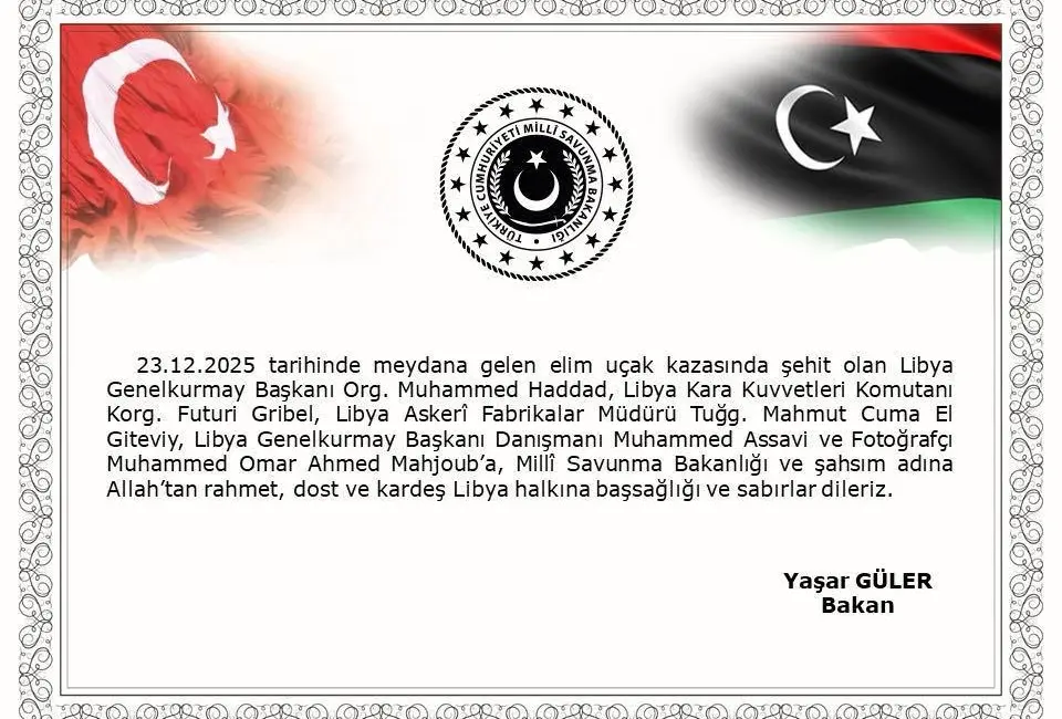 Milli Savunma Bakanı Yaşar Güler, dün akşam Ankara Esenboğa Havalimanı’ndan