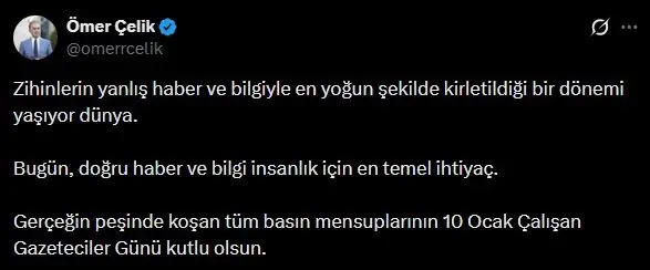 AK Parti Sözcüsü Ömer Çelik, 10 Ocak Çalışan Gazeteciler Günü’nü