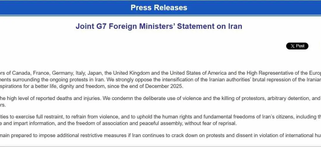 G7 ülkelerinin dışişleri bakanları, İran’ın protestoculara karşı şiddete başvurmasını kınayarak,