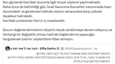 İsrail ordusundan yapılan açıklamada, İran’daki durum ve İsrail’in pozisyonu ile