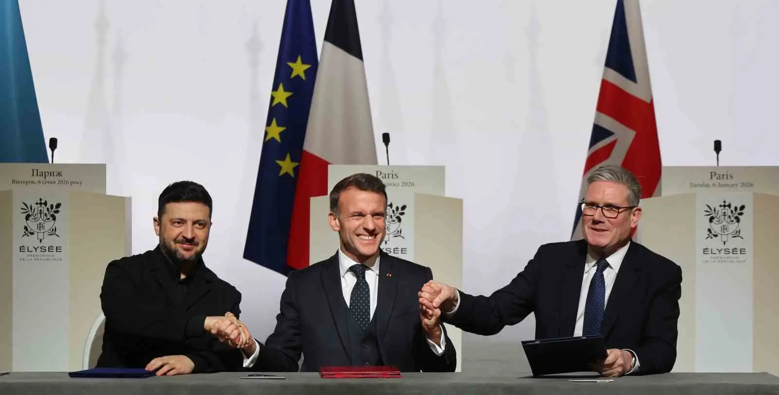 Ukrayna Devlet Başkanı Vladimir Zelenskiy, Fransa Cumhurbaşkanı Emmanuel Macron ve