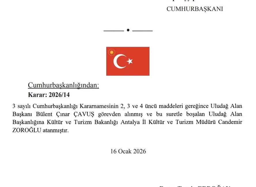 Resmi Gazete’de yayımlanan Cumhurbaşkanlığı Kararnamesi ile Uludağ Alan Başkanlığı’nda görev