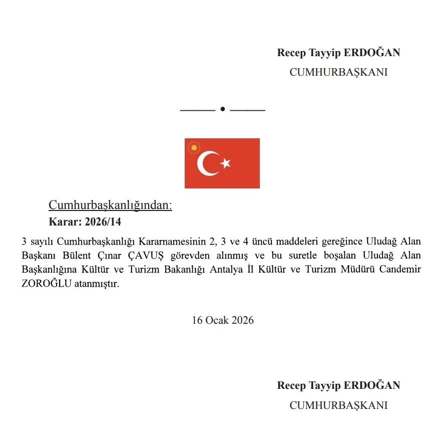 Resmi Gazete’de yayımlanan Cumhurbaşkanlığı Kararnamesi ile Uludağ Alan Başkanlığı’nda görev