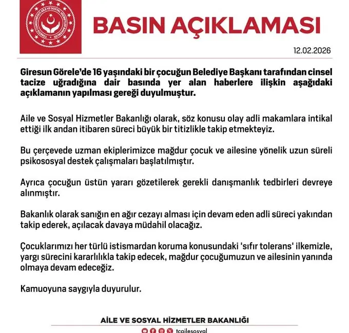 Aile ve Sosyal Hizmetler Bakanlığı, Giresun’un Görele ilçesinde cinsel istismara