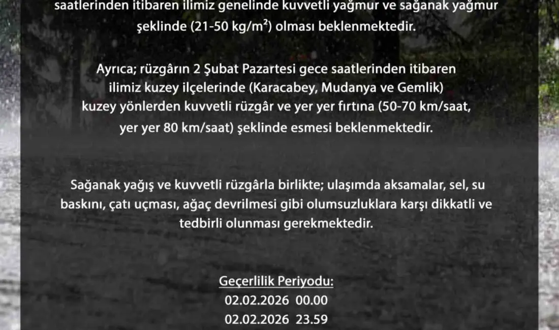 Bursa genelinde 2 Şubat Pazartesi günü öğle saatlerinden itibaren kuvvetli
