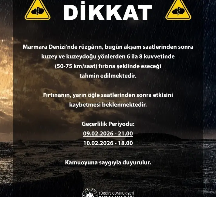 Bursa Valiliği, Marmara Denizi için kuvvetli fırtına uyarısında bulundu. Bursa