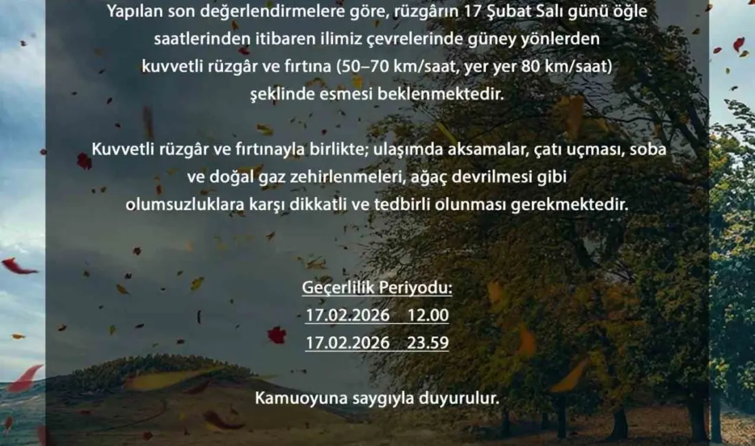 Bursa Valiliği, il genelinde etkili olması beklenen kuvvetli rüzgâr ve