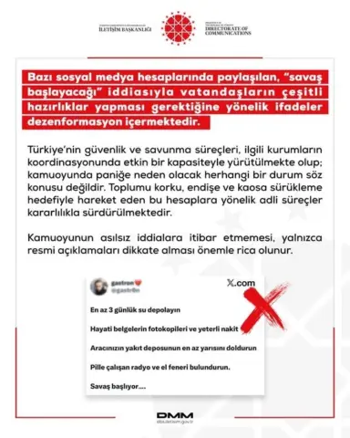 Dezenformasyonla Mücadele Merkezi (DMM), bazı sosyal medya hesaplarında “savaş başlayacağı”