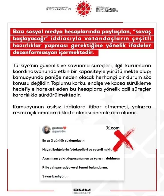Dezenformasyonla Mücadele Merkezi (DMM), bazı sosyal medya hesaplarında “savaş başlayacağı”
