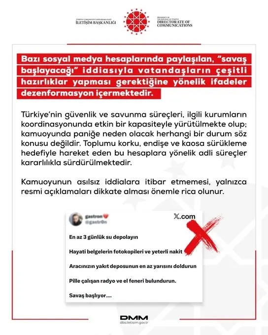 Dezenformasyonla Mücadele Merkezi (DMM), bazı sosyal medya hesaplarında “savaş başlayacağı”