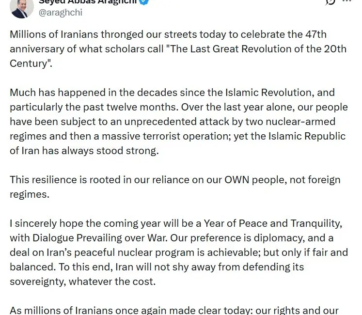 İran Dışişleri Bakanı Abbas Arakçi, İslam Devrimi’nin 47’nci yıldönümünün coşkuyla