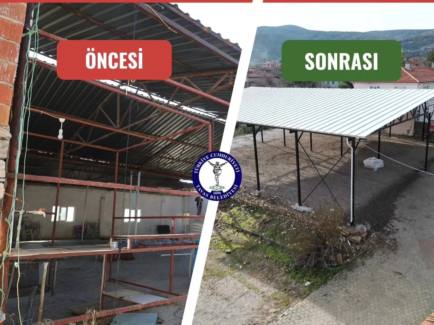 Tavas’ın Baharlar Mahallesi’nde bulunan sosyal tesis, çelik konstrüksiyon yeni çatısı