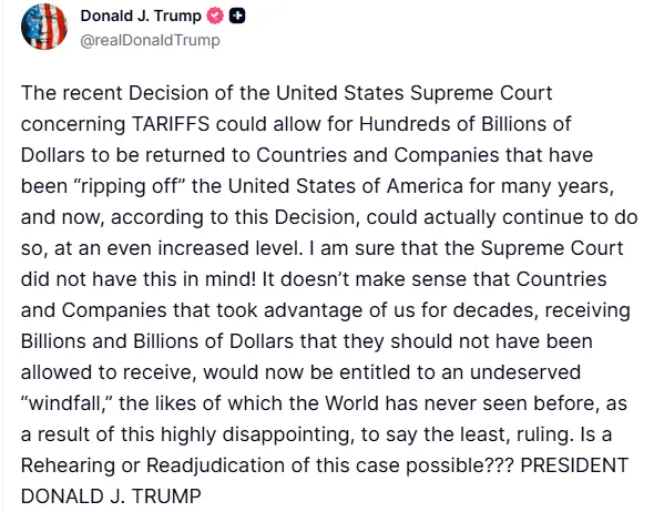 ABD Başkanı Donald Trump, ABD Yüksek Mahkemesi’nin gümrük vergilerini iptal