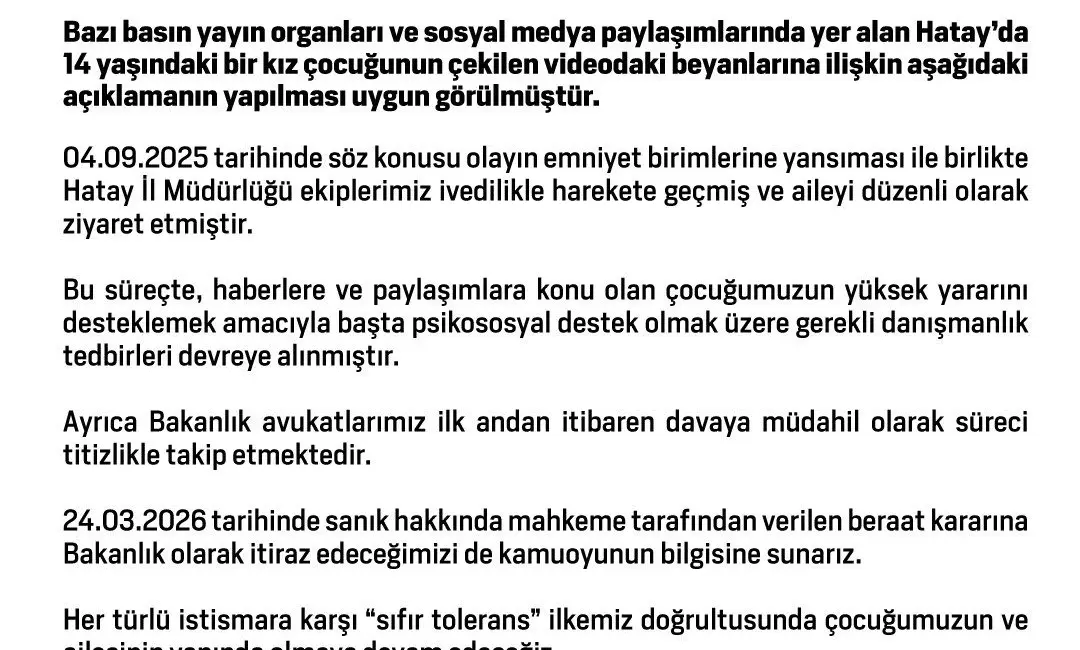 Aile ve Sosyal Hizmetler Bakanlığı Hatay’da 14 yaşındaki kız çocuğunun
