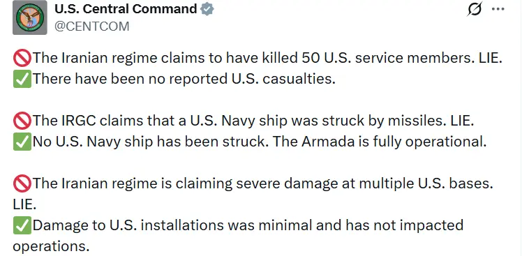 ABD ordusu, İran karşısında önemli kayıplar verildiği yönündeki iddiaları yalanlayarak,
