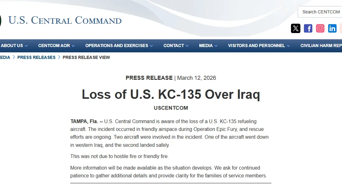 ABD Merkez Komutanlığı (CENTCOM), KC-135 tipi bir yakıt ikmal uçağının