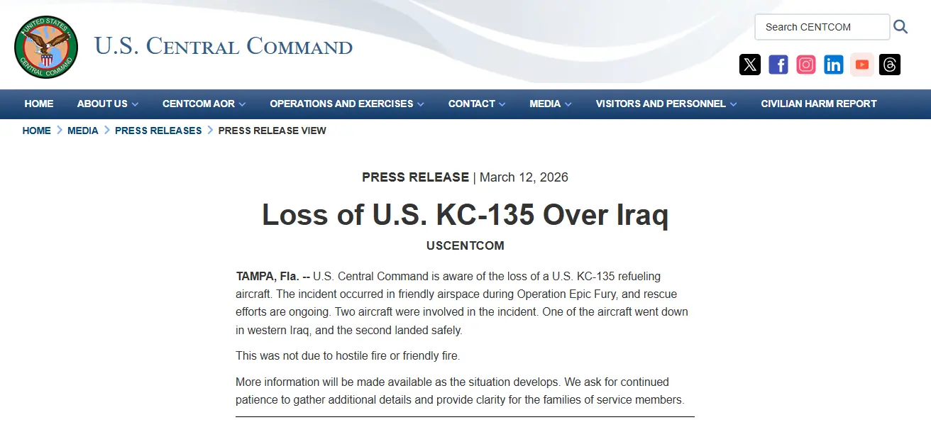 ABD Merkez Komutanlığı (CENTCOM), KC-135 tipi bir yakıt ikmal uçağının