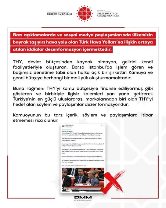 Dezenformasyonla Mücadele Merkezi (DMM), bazı açıklamalarda ve sosyal medya paylaşımlarında