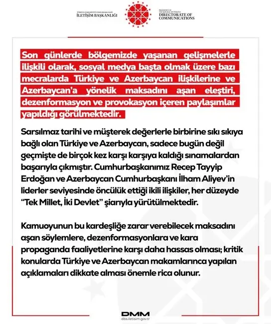 Dezenformasyonla Mücadele Merkezi (DMM), sosyal medyada Türkiye ve Azerbaycan ilişkilerine