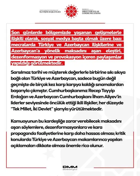 Dezenformasyonla Mücadele Merkezi (DMM), sosyal medyada Türkiye ve Azerbaycan ilişkilerine