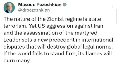 İran Cumhurbaşkanı Mesut Pezeşkiyan, devlet terörizminin İsrail’deki siyonist rejimin doğası