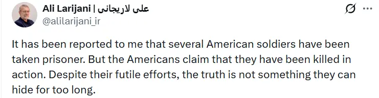 İran Ulusal Güvenlik Yüksek Konseyi Genel Sekreteri Ali Laricani, birkaç