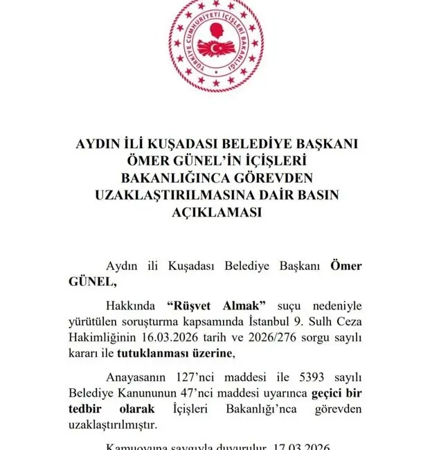 İçişleri Bakanlığı tarafından yapılan açıklamada, Aydın’a bağlı Kuşadası İlçe Belediye