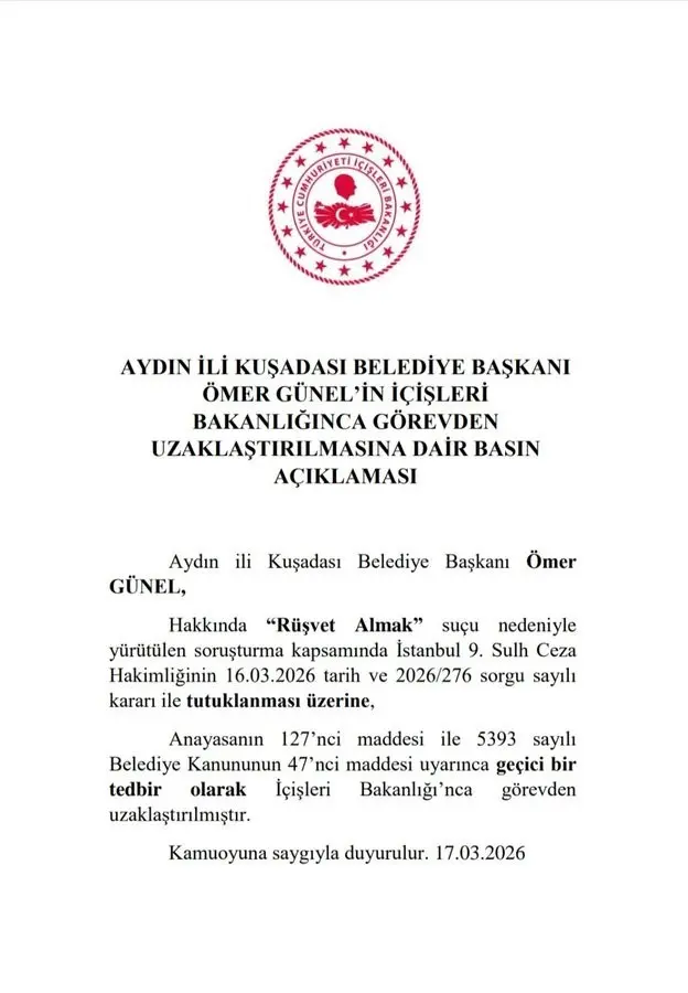 İçişleri Bakanlığı tarafından yapılan açıklamada, Aydın’a bağlı Kuşadası İlçe Belediye